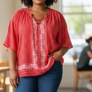 Catherines Bandana Print Laceup Top Womens Size 3X Red White Boho Paisley Tee